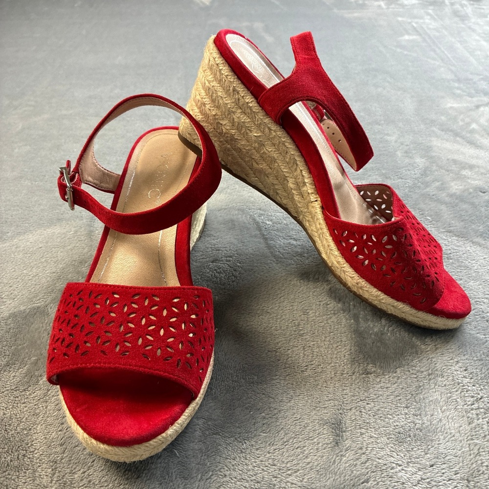Vionic Ariel Red Suede Laser Cut Espadrille Wedge Sandals Womens 8M VS387 - Picture 3 of 16